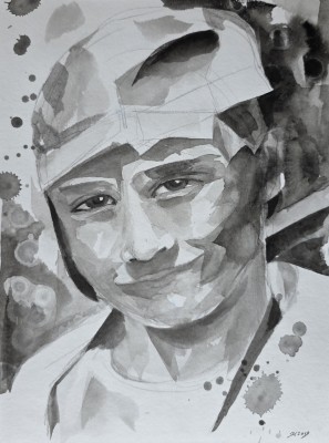 Aquarell eines Jungen in kubistischen Grauentönen